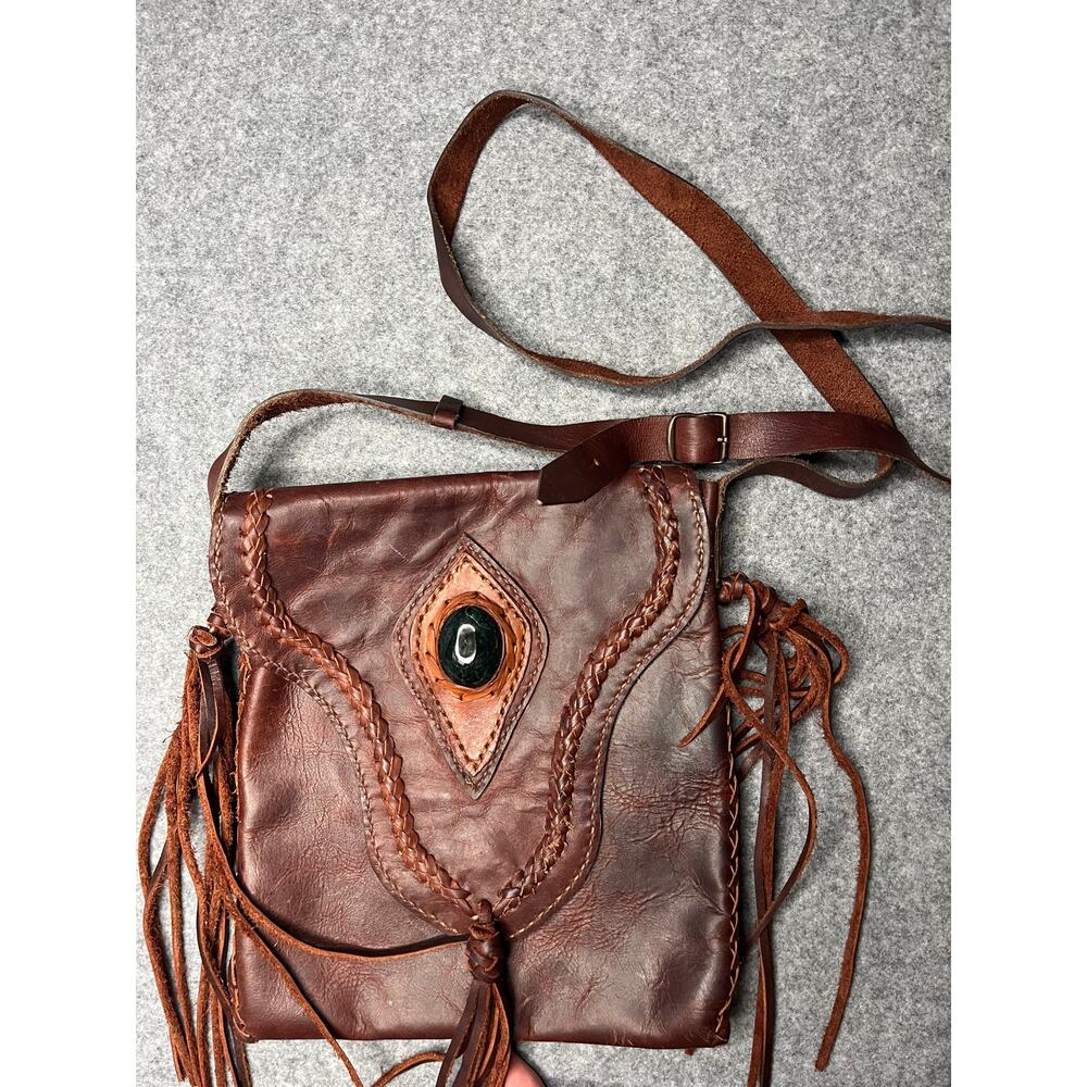 Handmade Brown Leather Fringe Crossbody Bag Braided Stone Boho Western - Picture 2 of 7
